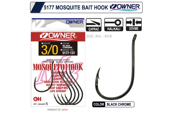 Owner 5177 Mosquito Hook Black Chrome Sinek Olta İğnesi 2 Numara