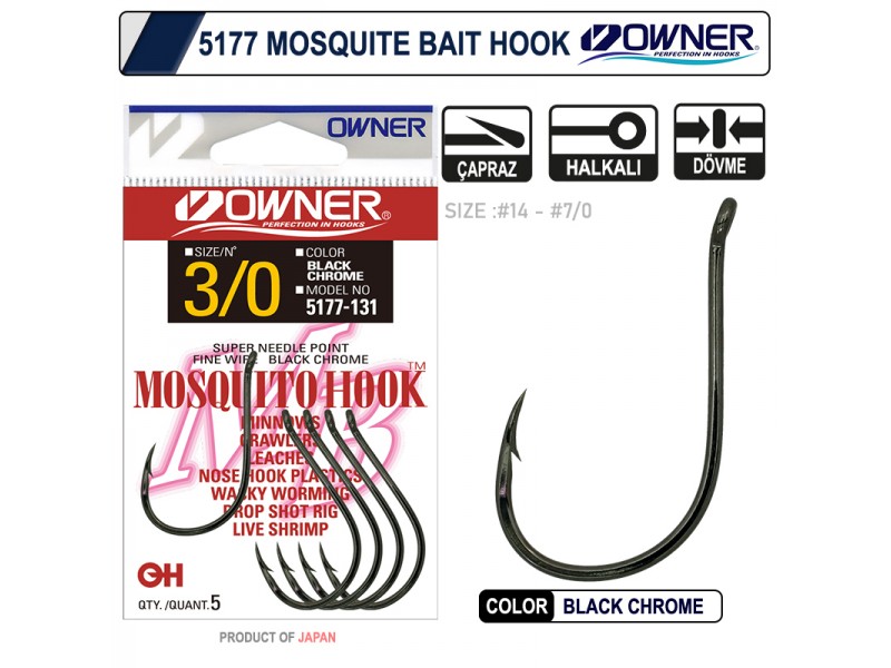 Owner 5177 Mosquito Hook Black Chrome Sinek Olta İğnesi 2 Numara