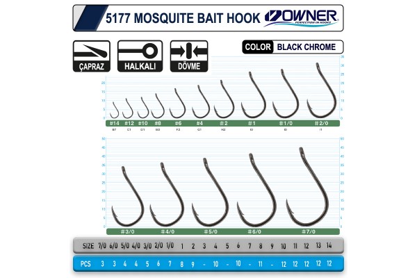 Owner 5177 Mosquito Hook Black Chrome Sinek Olta İğnesi 2 Numara