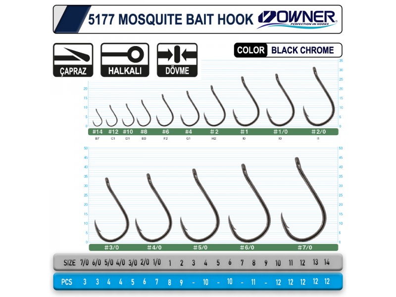 Owner 5177 Mosquito Hook Black Chrome Sinek Olta İğnesi 2 Numara